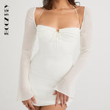Elegant White Hollow Out Halter Dresses For Women 2022 Sexy Chiffon Solid Long Sleeve Mesh Mini Dress Club Party