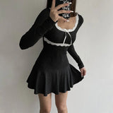 Girl Lace Lace Stitching Bow Square Collar Slim Low Waist Solid Color Pleated Dress