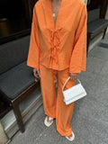 V Neck Hollow Out Lace Up Long Sleeved Shirt Set Women Causal Loose Solid Wide Leg Pants Suit New Ladies Street