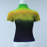 Gradient Waffle Texture High Neck Short Sleeve Top-Outfit