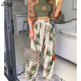 Summer Casual BM Style Plain Sleeveless Cross Sexy Halter Crop Top & Floral Print Wide Leg Pants Set Two Piece Suit