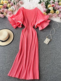 Round Neck Flare Short Sleeve Pleated Long Dress Vintage High Waist Ruffles Female Vestidos New Fashion Robe Mujer