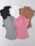 Women Summer Sexy Turtleneck Sleeveless T-Shirts Tops Solid Slim Fit Pullovers Causal Tees Shirts Female Streetwear Basics