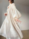 Vintage Embroidery Midi Dresses for Women 2023 Elegant Evening Party V-Neck Lantern Sleeve Loose Casual Female