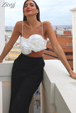 Summer Fairy Elegant White Flower Decoration Crop Top for Women Fashion Sleeveless Stretchy Slim Tanks Top
