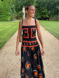 Women Vintage Print Ruffle Pleated Sling Maxi Dress Elegant Square Neck Single Breasted Backless Robe 2024 Lady Vacation