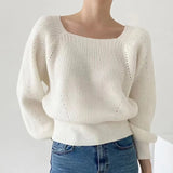 Zingj New Style Square Collar Bubble Lantern Sleeve Blouse Short Style Loose Knitted Sweater