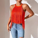 Women's Hot-Selling Solid Color Sleeveless Neck Top Ladies' Fashionable Tassel Beach