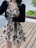 Long Sleeve Knit Cardigan Crop Coat Two-piece Dress Ladies Drawstring Floral V-neck French Suspender Robe Suit