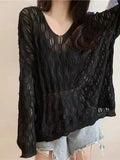 Zingj Spring And Summer New Korean Version Loose Hollowed-Out Sweater Pullover V-Collar Long-Sleeved Blouse Popular Style For