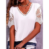 Women's T-Shirt Burst Lace Splicing Loose V-Neck Short-Sleeved