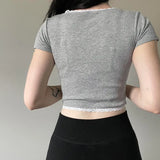 Desire Atmosphere Wearing Lace Button Splicing Color Navel Slimming Striped Short-Sleeved T-Shirt 2023 New
