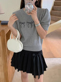 Bowknot Short Sleeve Round Neck Knit Top- Outfit