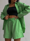 Casual Shorts Tracksuit Long Sleeve Womens Shirts And Hot Waist Shorts Two Pieces Cotton Linen Suits Ladies