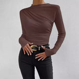 Summer Solid Color Round Collar Repair Shirt Bran Folding Design Women's Long-Sleeved