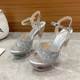 Zingj Summer Style With Flower Sequins With Ultra High Heel Transparent Bottom Crystal Thick Heel Women's Singles Shoes Sandal Wedding Bridesmaid