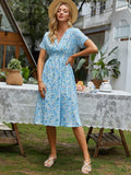 Printed Casual Beach Midi Dresses Women Summer V-neck Short Sleeve Empire Waist A-Line Dress Sundress Vestido Robes