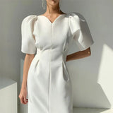 Women Short Puff Sleeve Summer Dress 2022 Korea Style Office Lady One Piece Slim Waist Female Fashion Clothes