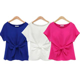 Summer Women Batwings Bowknot Blouses O-Neck Short Sleeve Shirts Casual Chiffon Slim Tops Plus Size Oversize