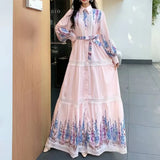 And Autumn New Women's Collar Bubble Sleeve Lantern Long-Sleeved Lantern With Belt Positioning Print Single Buckle