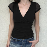 Solid Color Deep Cross V-Neck Short Sleeve TeeOutfit