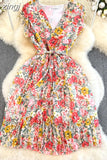 Vintage Floral Printed Pleated Dress Women Elegant V-Neck Sleeveless High Waist Draped Vacation Beach Vestidos Female