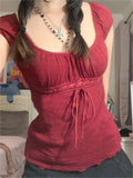 red short sleeve top with lace