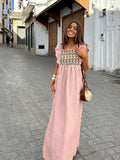 Printed Flare Sleeve Maxi Dress For Women Elegant Square Neck High Waist Split A-line Dresses Summer Lady Vacation