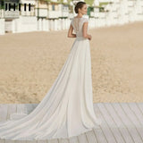 Illusion Cap Sleeves Lace Chiffon Boho Chic Wedding Dresses for Women Sexy Deep V-Neck Bride Gowns Ivory robe de mariée