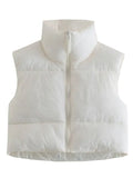 Women Fashion Brown Cropped Vest Coat Female Stand Collar Zipper Waistcoat Ladies Casual