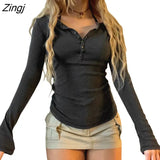 Women's Spring Autumn Solid Color Slim Fit Tops Black Long Sleeve Button Down Ribbed Skinny Street