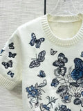Summer Butterfly Flower Embroidery Sweaters Women's Knit Tops Design Runway O-Neck Short Sleeve Pullover Knitwear