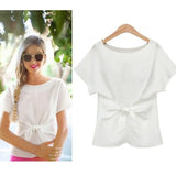 Summer Women Batwings Bowknot Blouses O-Neck Short Sleeve Shirts Casual Chiffon Slim Tops Plus Size Oversize