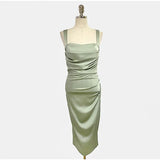 Satin Midi Dresses for Women 2023 Summer French Square Collar Suspenders Folds Korean Elegant Fashion Slim Female