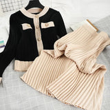 Autumn Women's Knitted 2 Piece Set Chic Office Ladies Single Breasted Cardigan Sweater + Pleated Knee-Length Skirt