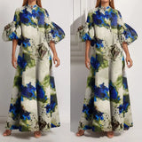 New Women's Temperament Loose-Fitting Painted Long Dress Big Swing Bubble Sleeve