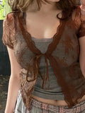 Open Front Lace Long Sleeve Crop Blouse- Outfit