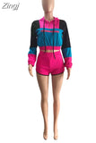 Patchwork Two Piece Set Long Sleeve Hooded Crop Top Biker Shorts Fall Outfits Tracksuit Women Clothes Sexy Matching