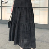Hollow Out Boho White Skirt Women Elastic High Waist Linen Cotton Long Skirts Vintage Elegant A-Line Beach Skirt