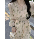 Zingj Tea Break Skirt Summer 2024 New Temperament Collar Waist Long Sleeve Small Floral Dress Woman-Outfit