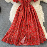 Women Single Breasted Printed Midi Dress Red/Blue/Green Puff Short Sleeve High Waist Vestidos Summer Female Robe