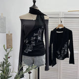 Hottie Side Hanging Neck Scarf Print Knitted Top Design Embody T-Shirt