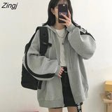 Women Thiceken Hooded Zip-up Open Stitch Aesthetic Leisure Style Chic Streetwear Unisex Teens Outerwear Basic Looe