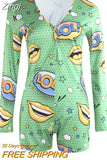 Women V-neck Bodycon Sleepwear Jumpsuit Bodysuit Shorts Romper Bodysuit Leotard Long Sleeve Lips Print Button