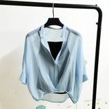 Two Piece Set Leopard Chiffon Shirts Summer Half Sleeve Loose V-Neck Women Casual Blouse Sexy Casual Striped Tops
