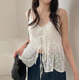 V-Neck Lace-Up Floral Mesh Bow Knot BlouseOutfit
