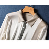Up Office Silk Blouse Fashion Women Three-color Patchwork Silk Shirt Mulberry Lady Long Sleeve Tops Elegant Clothes