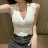 Zingj Summer New Dark V-Collar Sexy Low-Cut Knitted Vest For Women With 12-Color Slim Striped Solid-Color Bottomed