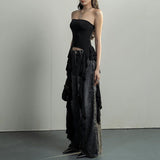 Summer Y2k Tank Tops Asymmetrical Fringed Ruffle Top Streetwear Black Strapless