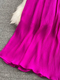 Women Pleated Midi Dress Purple/Red/White Stand Collar Short Flare Sleeve High Waist A-Line Ruffle Party Vestidos